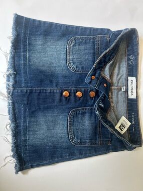 DL1961 Denim Mini Skirt Size 10 Dark Wash Button Front Frayed Hem High Waist
